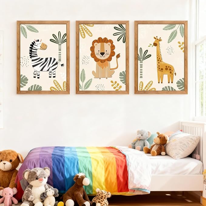 Cute Zebra Lion Giraffe Quote Framed Wall Art Set of 3, 11x16 Boho Educational Animal Wall Sign for Baby Girl Kid Boy Toddlers, Wooden Inspirational Nursery Wall Decor Natural