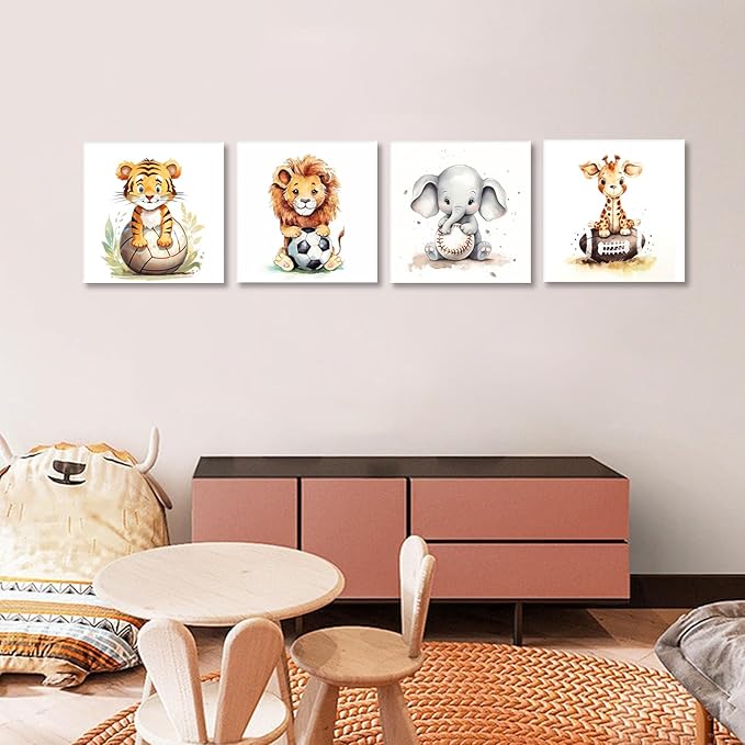 GLOKAKA Set of 4 Jungle Animals Wall Art Watercolor Cute Animals with Baseball Football Volleyball Rugby Kids Boy Sports Wall Decor Painting Print Nursery Decor Artwork