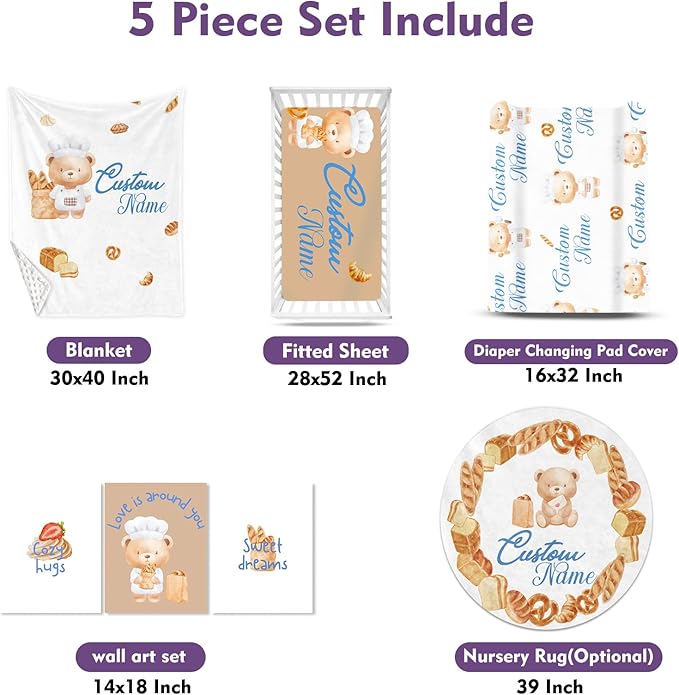 Personalized Crib Bedding Set, Custom Name Baby Bedding 5-Pcs Set - Soft Blanket Fitted Sheet Changing Pad Cover Nursery Rug and Wall Art, Cute Bread Bear Theme Nursery Decor for Newborn Boys Girls