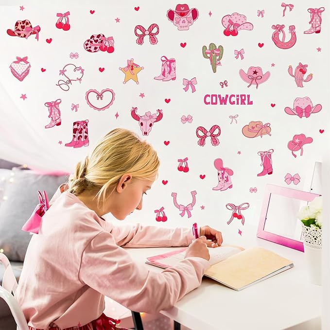 Cowgirl Stickers for Wall Cowgirl Balloon Arch Decoration Vinyl Decals Pink Girls Room Wall Decal Peel and Stick Western Hat Boot Sticker Retro Cherry Bow Art Murals for Kids Bedroom Farmhouse Gifts