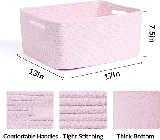 MiniArk Large Storage Baskets for Organizing, Closet Shelf Baskets for Clothes Blanket Towels, Baby Nursery, Toy Bins Box, Woven Rope Baskets, 17 x 13 x 7.5”, 4 Packs Light Pink