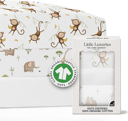100% Organic Cotton Mini Crib Sheets (3-Pack) - GOTS Certified - Breathable Pack n Play Sheets Fitted - Double-Elastic for Secure Fit, Extra Protection for Your Baby - Gender-Neutral Prints (27"x39")