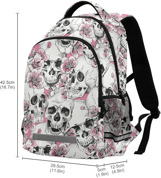 MNSRUU School Backpack with Chest Strap, Halloween Skull Flowers And Pink Cherries Laptop Backpack, Travel Hiking Backpack for Boys Girls, Rucksack, Knapsack