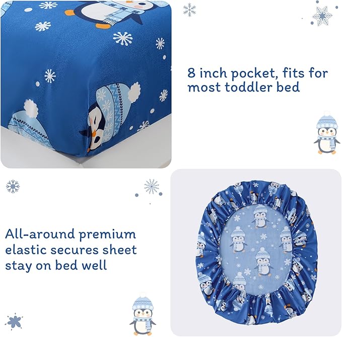 JSD Christmas Toddler Bedding Set, 4 Piece Blue Penguin Snowflakes Bed-in-Bag Comforter Sheet Set, Machine Washable