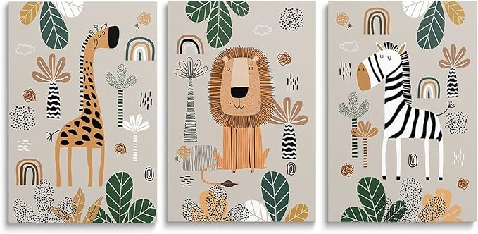 SKYSUKEY Boho Safari Nursery Wall Art Canvas Prints - Set of 3, Framed 16"x24"
