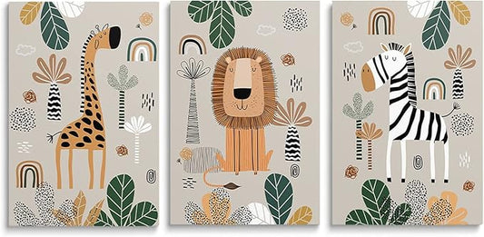 SKYSUKEY Boho Safari Nursery Wall Art Canvas Prints - Set of 3, Framed 16"x24"