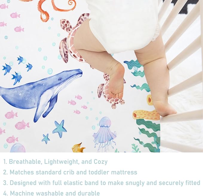 Ocean Animals Corals Sea Weeds Baby Crib Sheet 52''x28'' Colorful Nautical Life Fitted Crib Mattress Covers for Boy Girl Nursery Toddler Baby Bed Sheet Fits Standard Crib Toddler Mattress