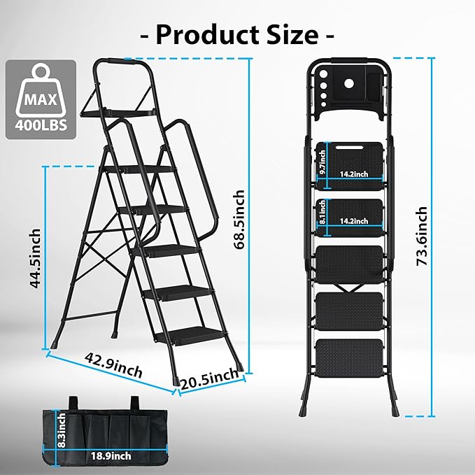 BONTEC 5-Step Ladder, 400lbs Max Load, Folding Step Stool with Tool Tray, Tool Bag, Handrails, Wide Anti-Slip Pedals, Sturdy Steel Ladder for Household & Work Use, Black