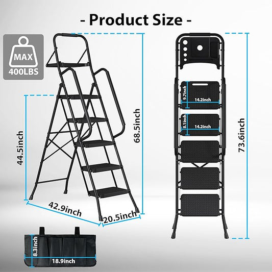 BONTEC 5-Step Ladder, 400lbs Max Load, Folding Step Stool with Tool Tray, Tool Bag, Handrails, Wide Anti-Slip Pedals, Sturdy Steel Ladder for Household & Work Use, Black