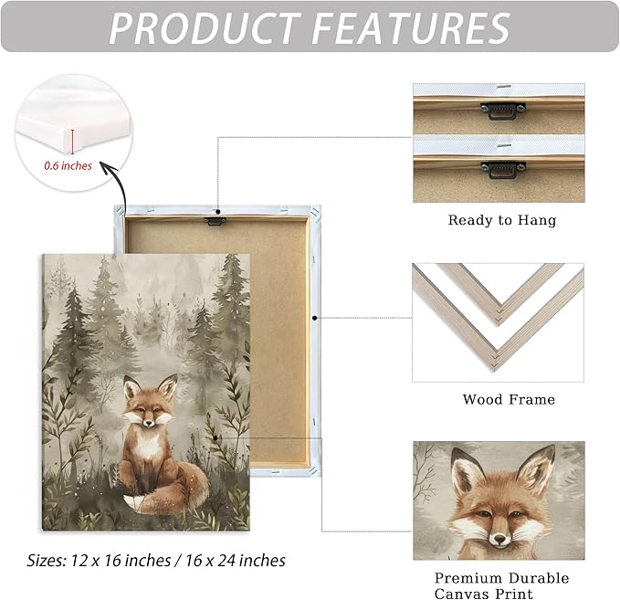 ICHZUMW Woodland Animals Nursery Wall Decor, Nursery Wall Art, Watercolor Bear Fox Deer Painting Print Artwork for Boys Girls Kids Room, Wrapped Canvas, Ready to Hang, 12x16in, Set of 3