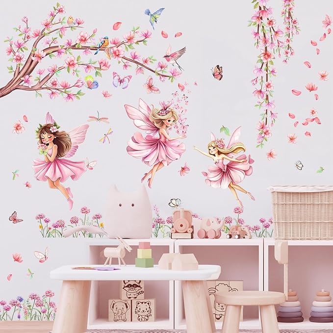 CharmFlo Pink Fairy Garden Wall Decals with Cherry Blossom Tree Floral Wall Stickers Peel and Stick Butterflies Birds DIY Wall Art for Girls Bedroom Baby Nursery Kids Room