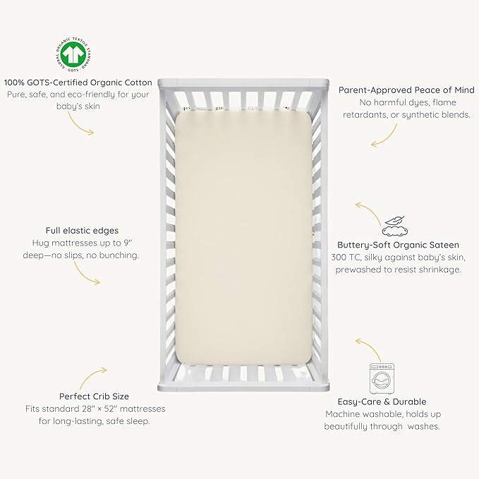 Makemake Organics GOTS Certified Organic Cotton Fitted Crib Sheet Soft Breathable (28"x52", Oat)