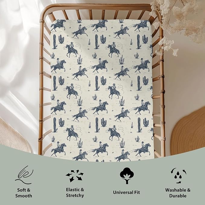 Vintage Western Cowboys Baby Crib Sheets for Boy Girl 52"x28" Retro Cowboy Horse Cactus Soft Stretchy Fitted Crib Mattress Cover Wild Desert Nursery Baby Sheet Fits Crib and Toddler Bed Mattresses