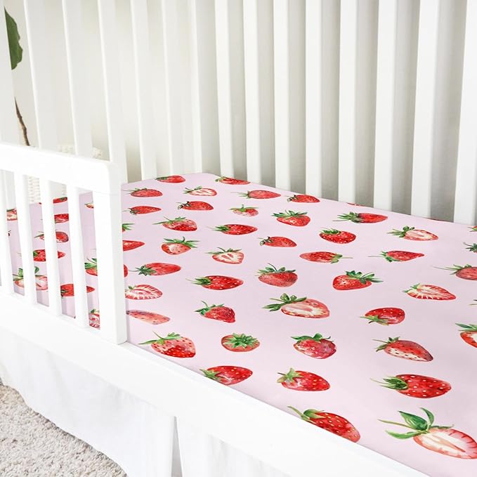 Watercolor Strawberries Baby Crib Sheet 52''x28'' Cute Strawberry Pink Stretchy Fitted Crib Mattress Covers for Boy Girl Boho Summer Fruits Soft Baby Sheets for Standard Crib and Toddler Mattress
