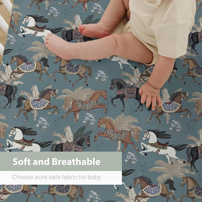 Vintage Horses Baby Crib Sheets for Boy Girl 52x28Inch Retro Arabian Horses Palm Trees Soft Stretchy Fitted Crib Mattress Covers Horse Lovers Baby Sheet Fits Crib and Toddler Bed Mattresses Blue