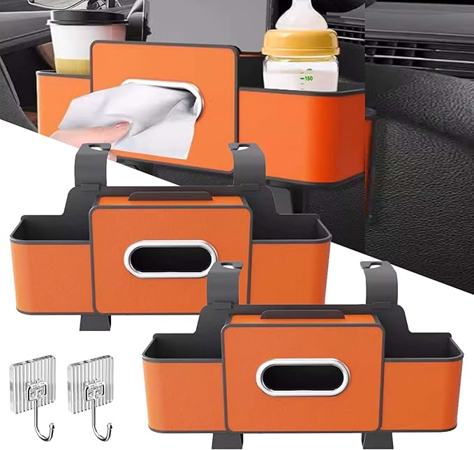 OJEYDFU 3-in-1 Car Backseat Organizer, 2026 Upgraded Multifunctional Car Seat Back Storage Box, Backseat Car Organizer with 2 Cup Holders, Tissue Box & Hooks, Universal Car Essentials (2Pack A)