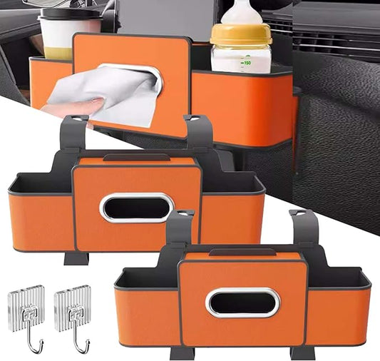 OJEYDFU 3-in-1 Car Backseat Organizer, 2026 Upgraded Multifunctional Car Seat Back Storage Box, Backseat Car Organizer with 2 Cup Holders, Tissue Box & Hooks, Universal Car Essentials (2Pack A)