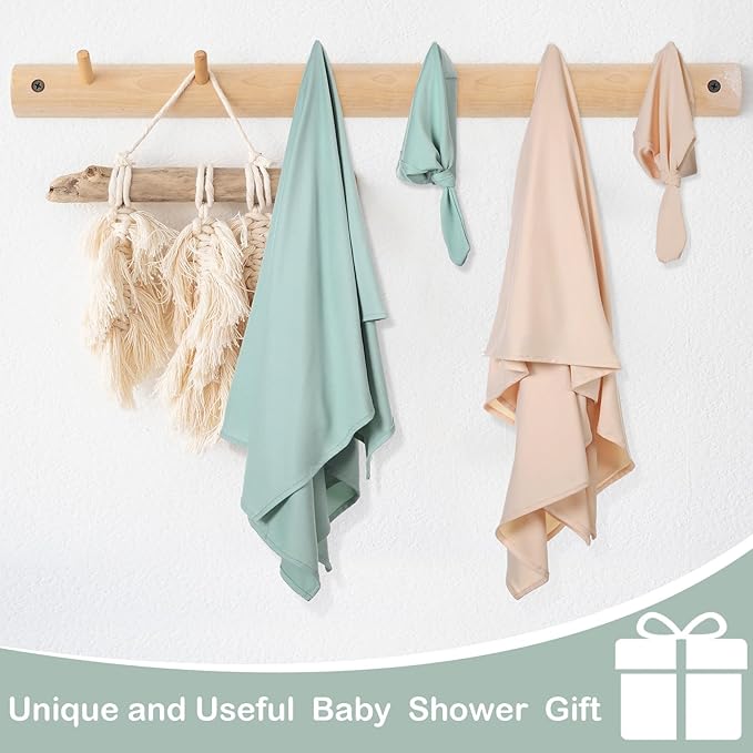 JaGely 2 Pcs Stretchy Baby Swaddle Blankets Set Extra Soft 47" x 47" Baby Newborn Swaddle Blanket and Hat(Green, Apricot)