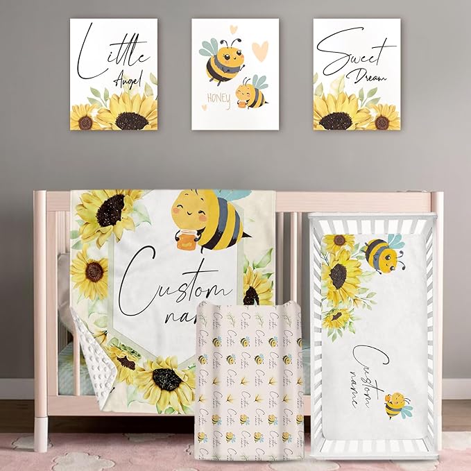 Personalized Baby Crib Bedding Set: 4 Piece Custom Gift Crib Bed Set with Name - Yellow Bee Design, Nursery Bedding Set for Baby Girls,Newborn Girls Crib Sets, Crib Bedding Shower Gifts