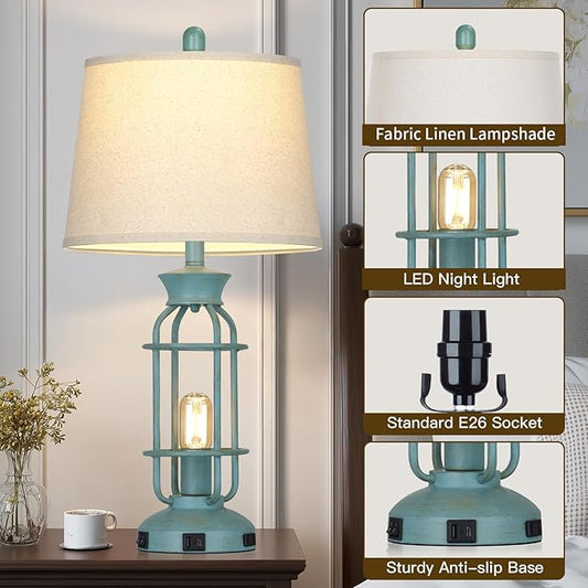 Farmhouse Table lamps for Living Room, 28" Tall Vintage Industrial Table Lamp with USB C+A Ports & Outlet, Rustic Bedside Lamps with 2 Nightlight & Linen Fabric Shade for Nightstand Bedrooms Desk Blue