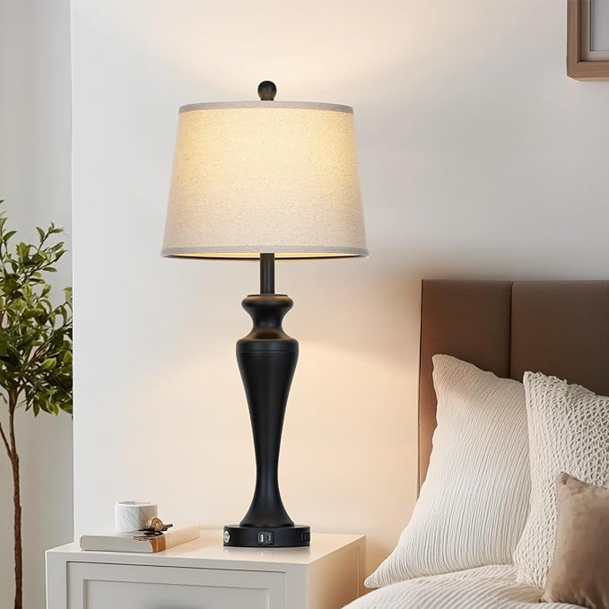 luxeflow 30 Inch Black Table Lamp Single, 3-Way Dimmable Touch Control Living Room Lamps with USB A+C Ports and AC Outlet, Tall Bedside Lamps for Nightstand, Modern Metal Bedroom Lamp, Bulb Included
