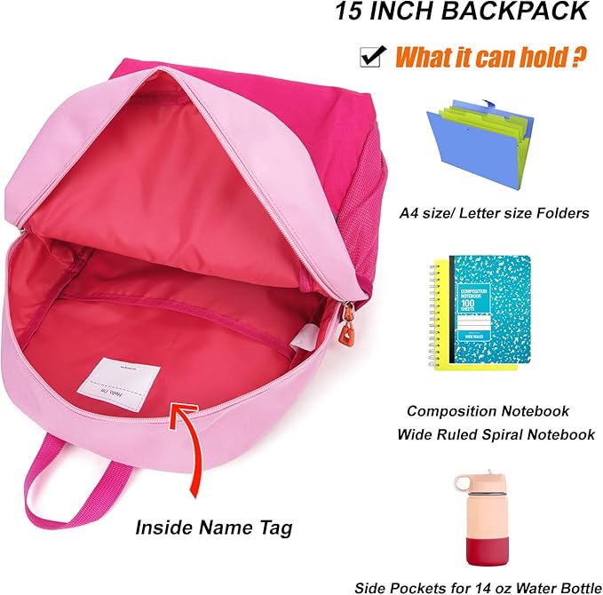 HawLander Little Kids Backpack for Boys or Girls, Toddler School Bag Fits 3 to 6 years old, Pink Rose, 15 Inch