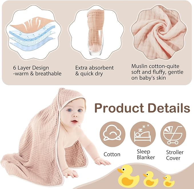 Peryiter 4 Pcs Muslin Hooded Baby Towels, 32x 32'' Cotton Newborn Bath Towel Muslin Infant Baby Blankets Absorbent Unisex Christmas Registry Gift Essentials for Girls Boys (Coffee)