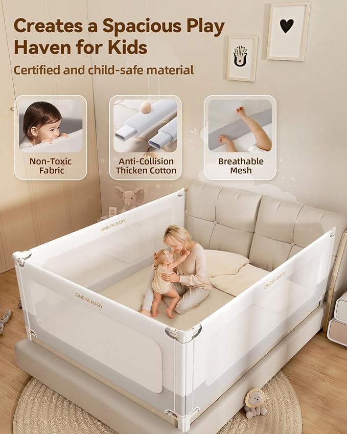 3 Piece Bed Rails for Queen Bed, No-Drill Needed Baby Bed Rail Guard for Toddlers with Height Adjustable, Thickened Child Safety Side Railing Guards/Bedrail for Kids, White/Grey, 60x78.7x78.7in