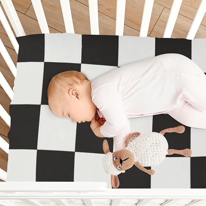 Checkered Black Crib Sheets Standard Crib Toddler Mattresses Cover Fitted Baby Bed Sheet Breathable Crib Mattress Sheet for Girls Boys 39''x27''x9''