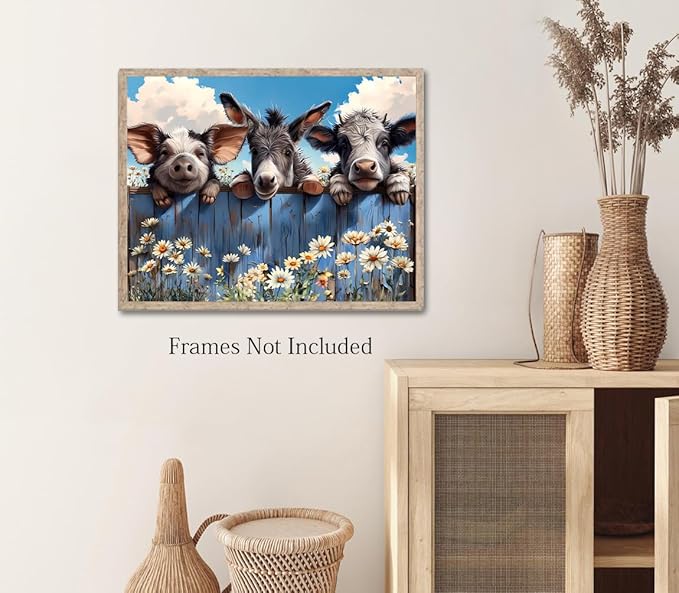 LNLAGBO Farm Animals Canvas Wall Art,Funny Farm Animals Bathroom Decor,Rustic Farmhouse Donkey Pig and Baby Cow Looking Over Fence Canvas Print for Bedroom Living Room Kitchen(11''x14''Unframed)