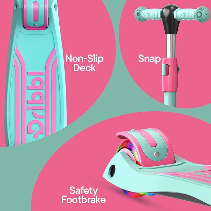 Dribbl 3-Wheel Kids Scooter - Lean-to-Steer Technology, Adjustable Height Handlebar, Wide Anti-Slip Deck, Scooter for Boys & Girls Ages 3+, Child Safety Approved, Support Riders Up to 165 lbs, Candy