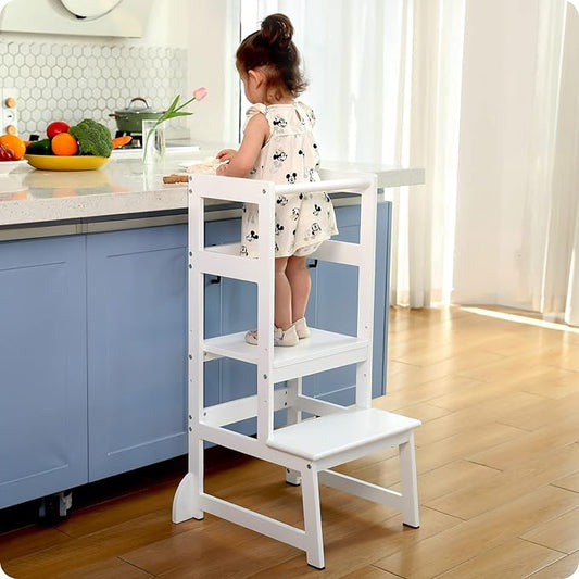 Mother's Helper Adjustable Height Step Stool, Kids Learning Toddler Tower With Safety Rail for Kitchen Counter, Montessori Stool (White)
