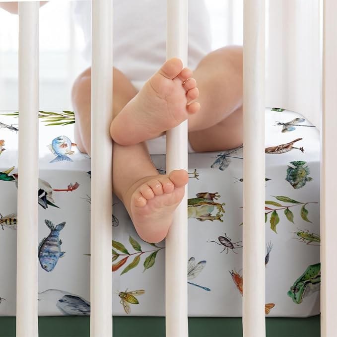 Wildlife Pond Baby Crib Sheets 52''x28'' Wild Animals Frogs Duck Fish Bird Weeds Snug Fitted Crib Mattress Cover for Boy Girl Fishing Hunting Soft Nursery Bed Sheet for Standard Crib Toddler Mattress