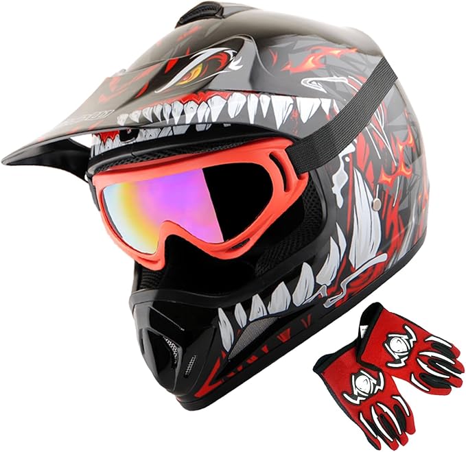 WOW Youth Kids Motocross BMX MX ATV Dirt Bike Dianosour Helmet Dragon + Goggles + Martian Youth Glove Bundle: HJOY MG Bundle