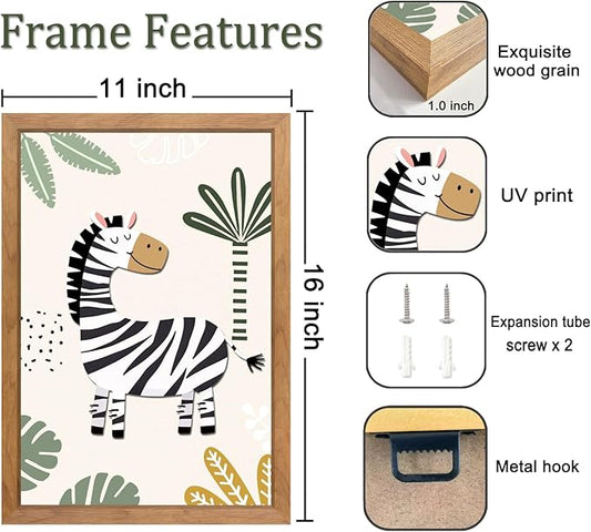 Cute Zebra Lion Giraffe Quote Framed Wall Art Set of 3, 11x16 Boho Educational Animal Wall Sign for Baby Girl Kid Boy Toddlers, Wooden Inspirational Nursery Wall Decor Natural