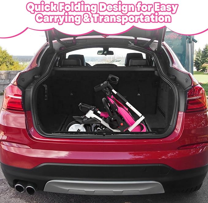 Baby Tricycle, 7 in 1 Folding Toddler Bike w/Removable Adjustable Push Handle, Canopy, Rotatable Seat, Safety Harness, Cup Holder & Storage, Trike for 1-5 Year Old (Pink)