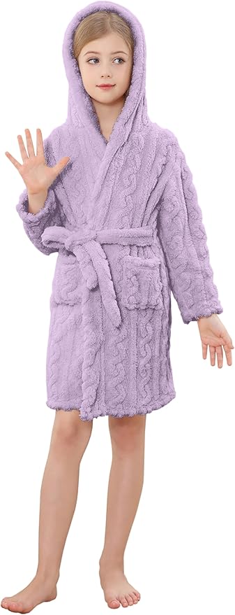 Umeyda Girls & Womens Twist Fleece Robes, Hooded Soft Warm Bath Robe for Kids Womens Fuzzy Bathrobe for Gifts