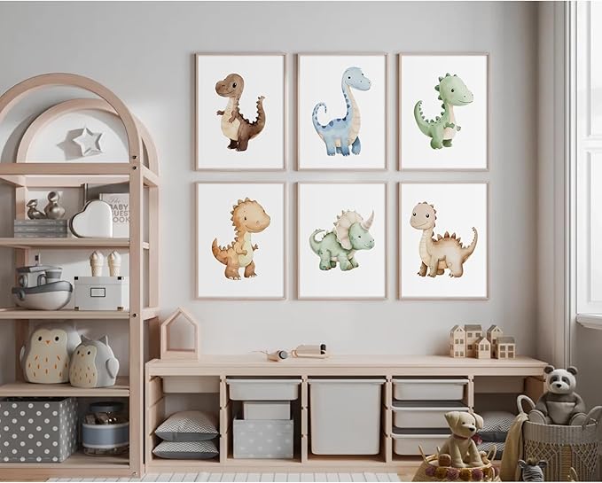 Dinosaur Nursery Wall Art Kids Canvas Poster baby Boy Nursery Wall Decor Watercolor Dino Prints Toddler Pictures cute Dinosaur Themed Artwork painting for Boys Room Bedroom 12x16x6 Inch Unframed
