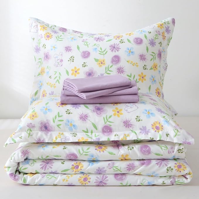 Wajade Floral Comforter Set Bed in A Bag Twin Size 7 Piece Purple Flower Green Leaves Rabbits Bedding Set for Girls (1 Comforter, 1 Flat Sheet, 1 Fitted Sheet, 2 Pillowcase and 2 Pillow Sham)