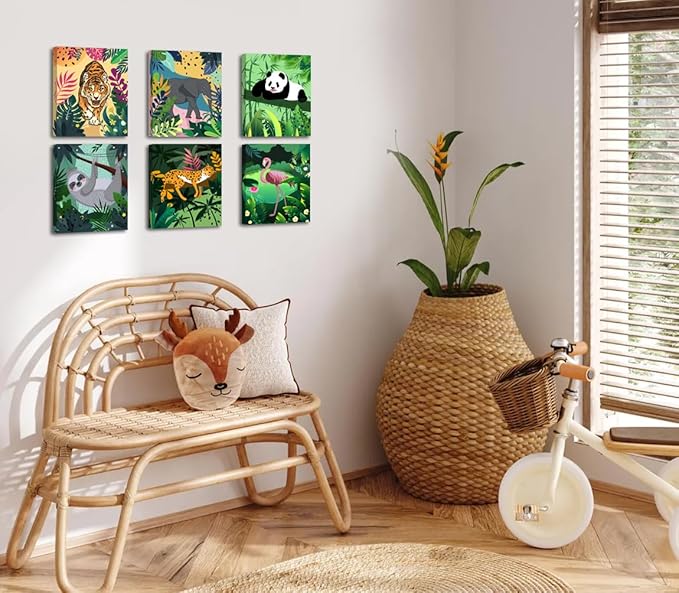 Framed Baby Safari Animal Wall Art Prints,Tropical Jungle Safari Animal Wall Art,leopard Tiger Flamingo Tiger Palm Botanical Leaves Canvas Prints for Baby Kids Room Decor Set of 6 (8"X10")