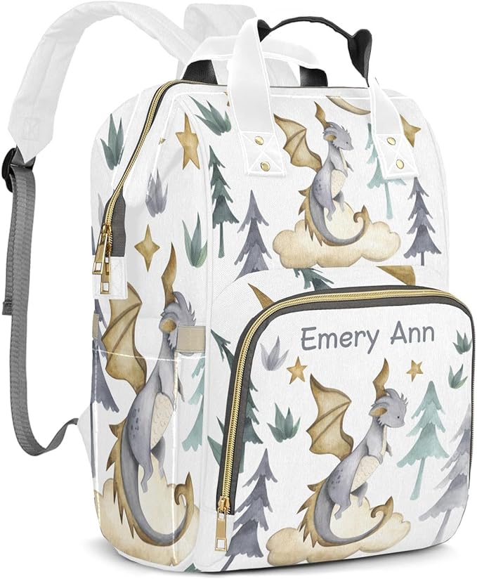 Personalized Cute Dragon Watercolor Custom with Name Diaper Bag Backpack For Baby Boy Girl Dad Mom Unisex for Adult Daypack Holiday Gift