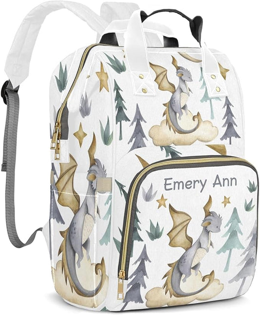Personalized Cute Dragon Watercolor Custom with Name Diaper Bag Backpack For Baby Boy Girl Dad Mom Unisex for Adult Daypack Holiday Gift