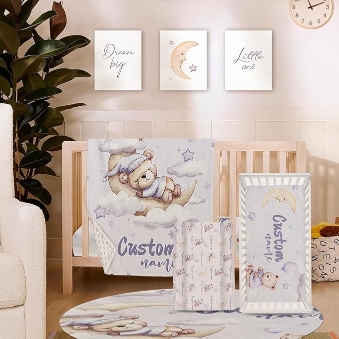 Personalized Baby Crib Bedding Set, Custom Name Nursery Bedding 5-Piece - Baby Blanket Fitted Sheet Changing Pad Cover Rug and Wall Art, Adorable Bear Theme Crib Gift for Boys Girls