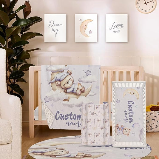 Personalized Baby Crib Bedding Set, Custom Name Nursery Bedding 5-Piece - Baby Blanket Fitted Sheet Changing Pad Cover Rug and Wall Art, Adorable Bear Theme Crib Gift for Boys Girls
