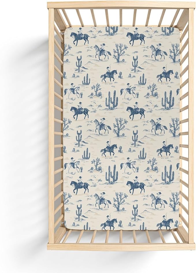Vintage Western Cowboy Baby Crib Sheets, Standard Size (28x52 inches), Polyester, Brown, Beige, Tan, Cartoon Pattern, 9 Inch Deep Pocket, 300 Thread Count, Machine Washable
