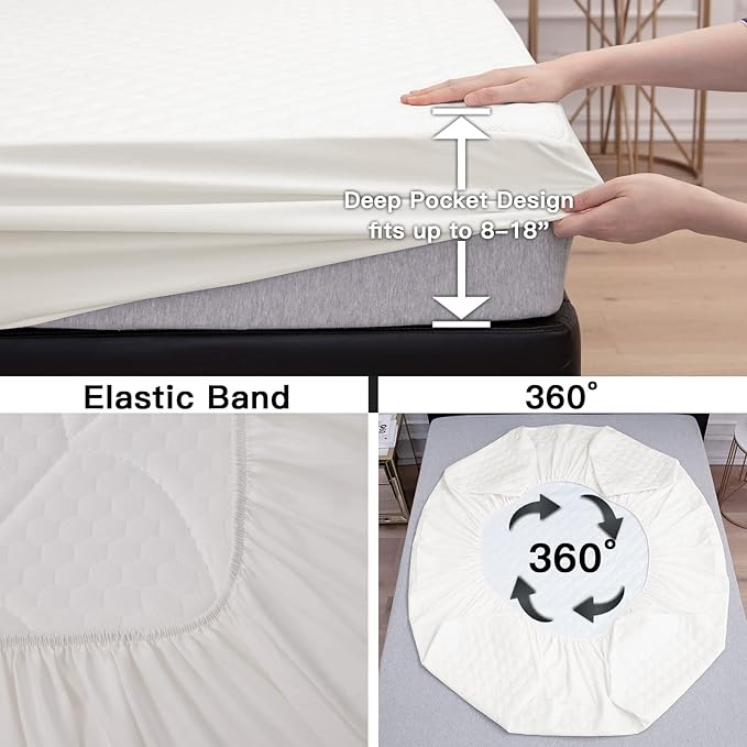 Mecerock Quilted Fitted Mattress Protector - Full Size, 18 Inch Deep Pocket, Washable, Waterproof, Ivory