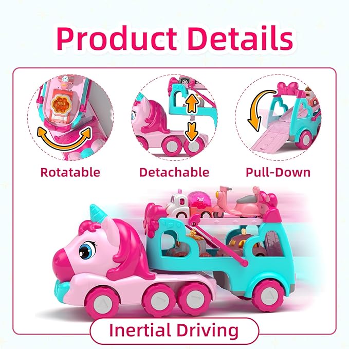 Truck Toys for 2+ 3+ Year Old Girls, 7-in-1 Carrier Truck Car for Toddler Girl, Cars Toys Age 2-4 with Light & Music, Birthday Gifts for 2 3 Year Old Girls