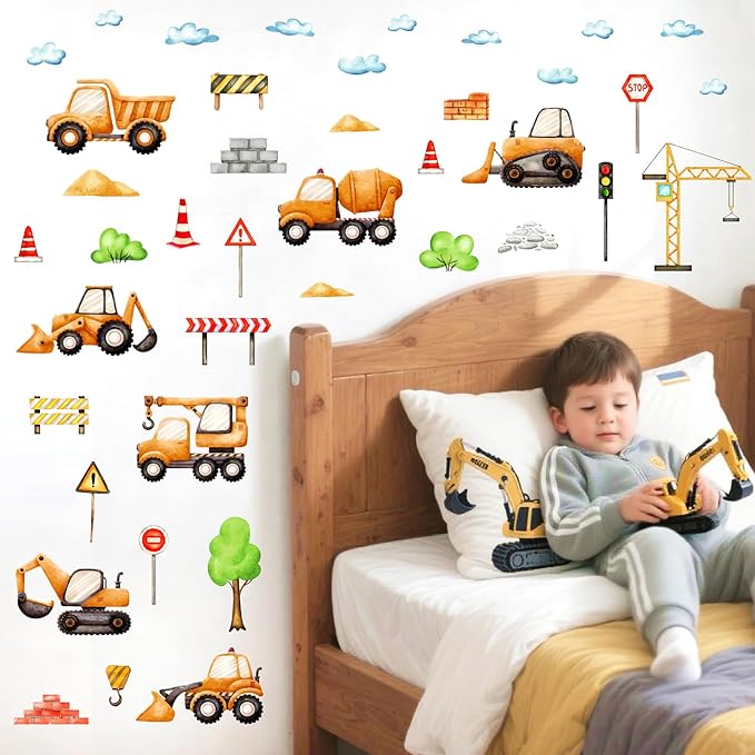 Car Truck Wall Decals Construction Vehicle Wall Stickers Cartoon Watercolor Car Tractor Stickers Peel and Stick Transportation Wall Decals for Kids Room Boys Bedroom Playroom Nursery Decor
