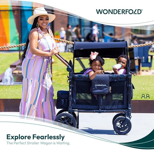 WONDERFOLD W2 Luxe Stroller Wagon (2 Seater) - Collapsible Wagon Stroller with Seats with Magnetic Buckle 5-Point Harnesses and Adjustable Sun Canopy, Volcanic Black