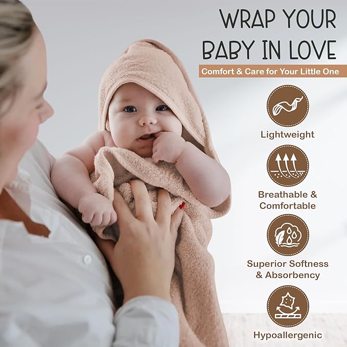 Organic Cotton Plush Woven Hooded Baby Towels, 31x31 Inches, Plush Bath Towels with Hood for Newborns and Kids, Girls & Boys (Sand, 31.4" L x 31.4" W)